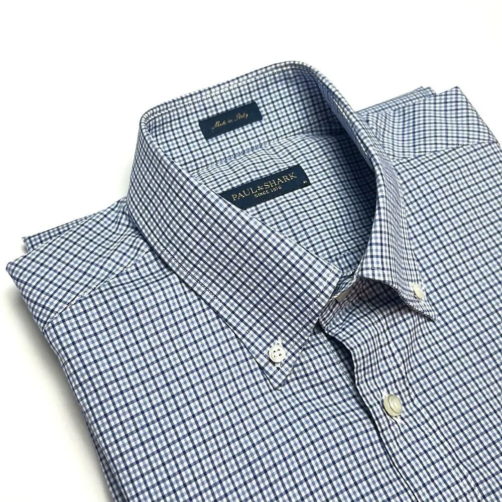 Paul & Shark Casual Shirt Button Down Cotton Blue Plaid Italy size L neck 16,5